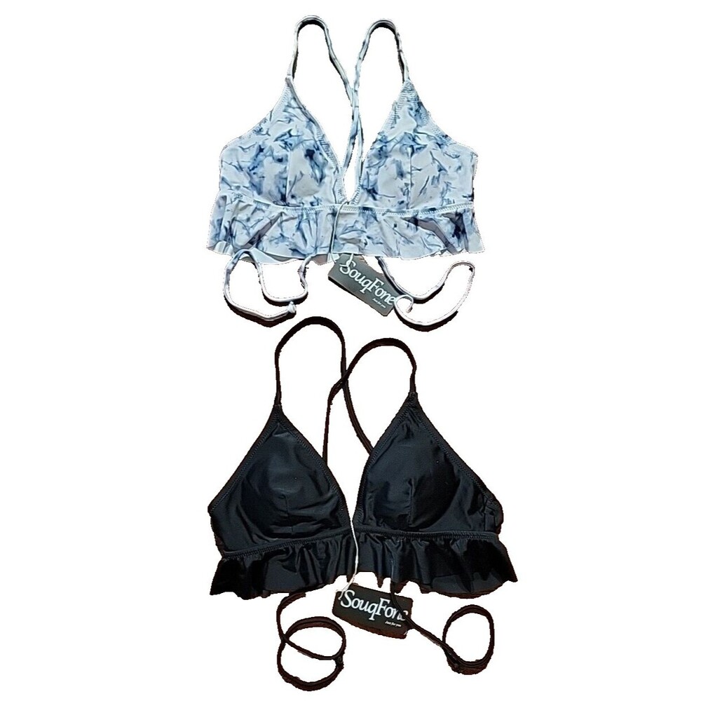 Souqfone Swimsuit Bikini Top Tie-Dye and Black with Ruffle Small Bundle Lot of 2